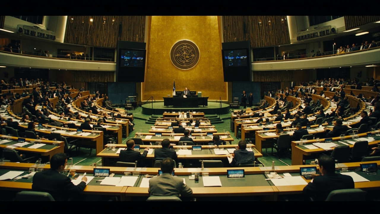 A wide view of the IMF Spring Meetings hall in Washington with delegates seated at curved rows of desks under institutional lighting