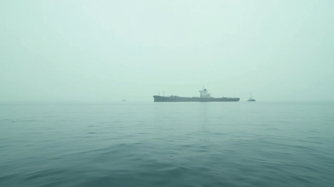 A large oil tanker anchored in open water with no other vessels visible on the horizon