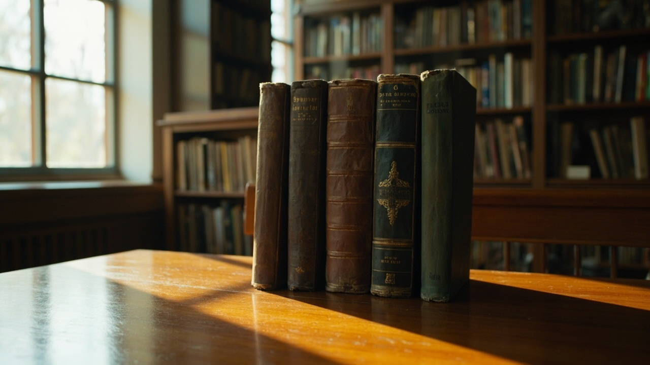 A row of six hardcover books standing upright on a wooden table with soft natural light coming from a nearby window