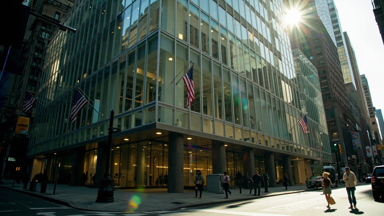 The exterior of JPMorgan Chase headquarters on Park Avenue with morning light reflecting off glass