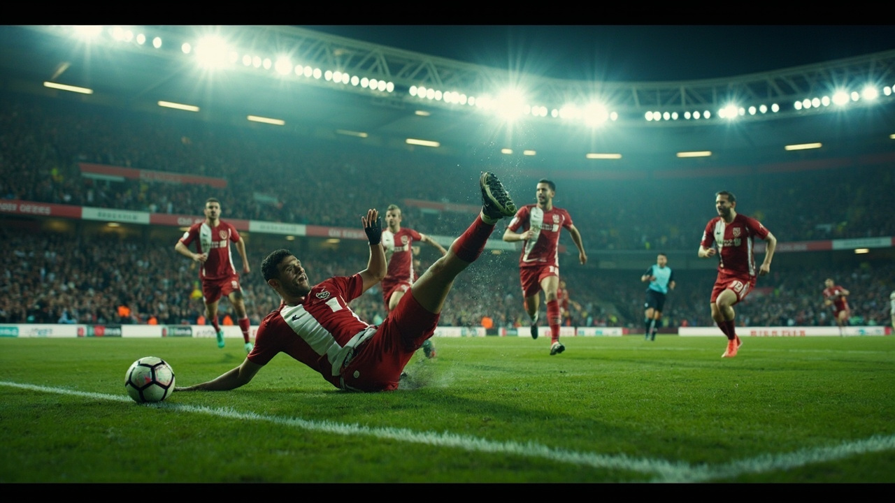 A football striker celebrating after scoring a goal with teammates rushing toward him in a packed stadium