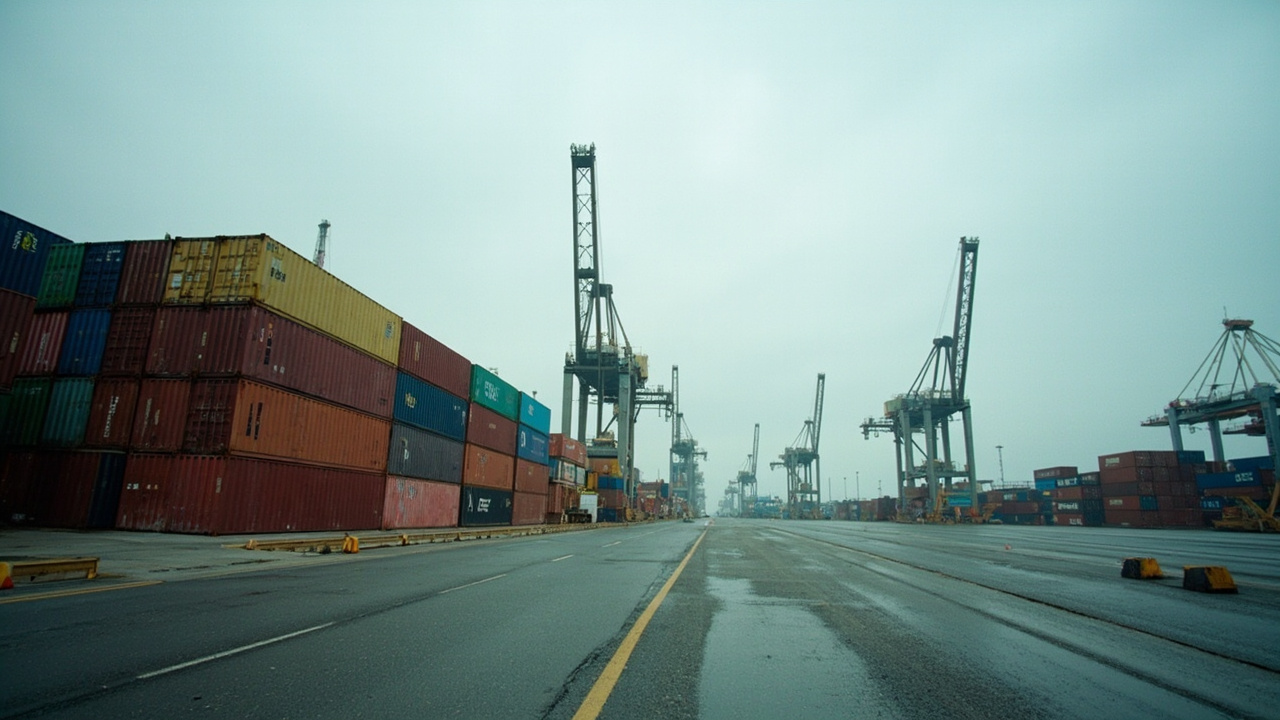 A shipping container port with stacked containers and a mostly idle crane against a gray sky