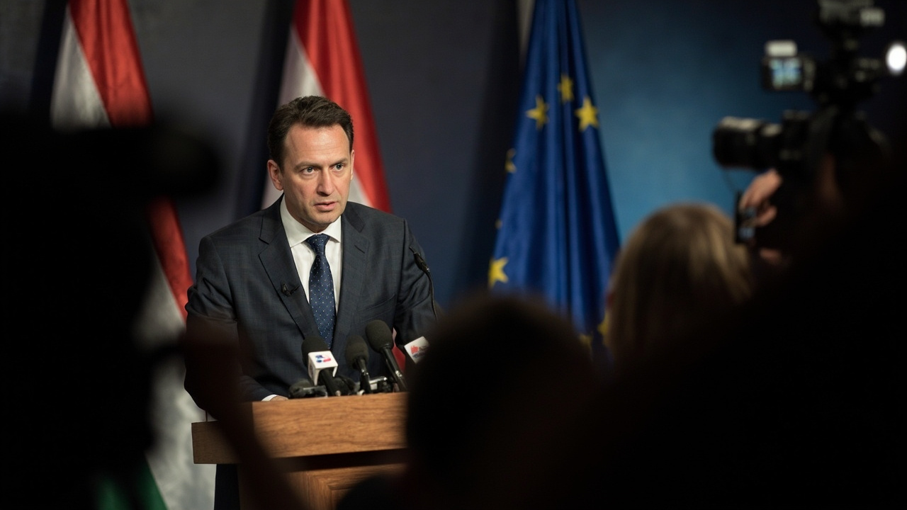 Peter Magyar at a press conference podium with the Hungarian flag and EU flag behind him, gesturing while answering a journalist's question