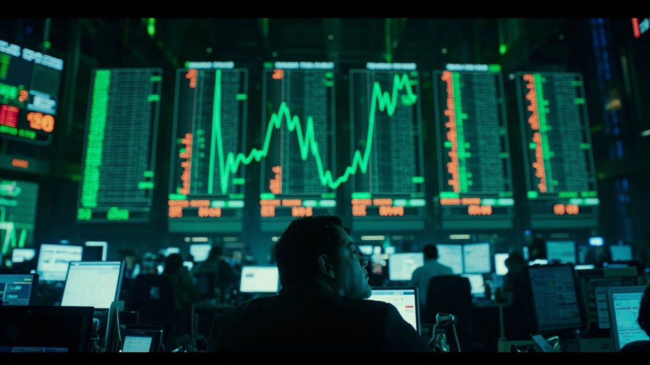A stock exchange trading floor with green numbers on electronic boards and traders looking at multiple screens