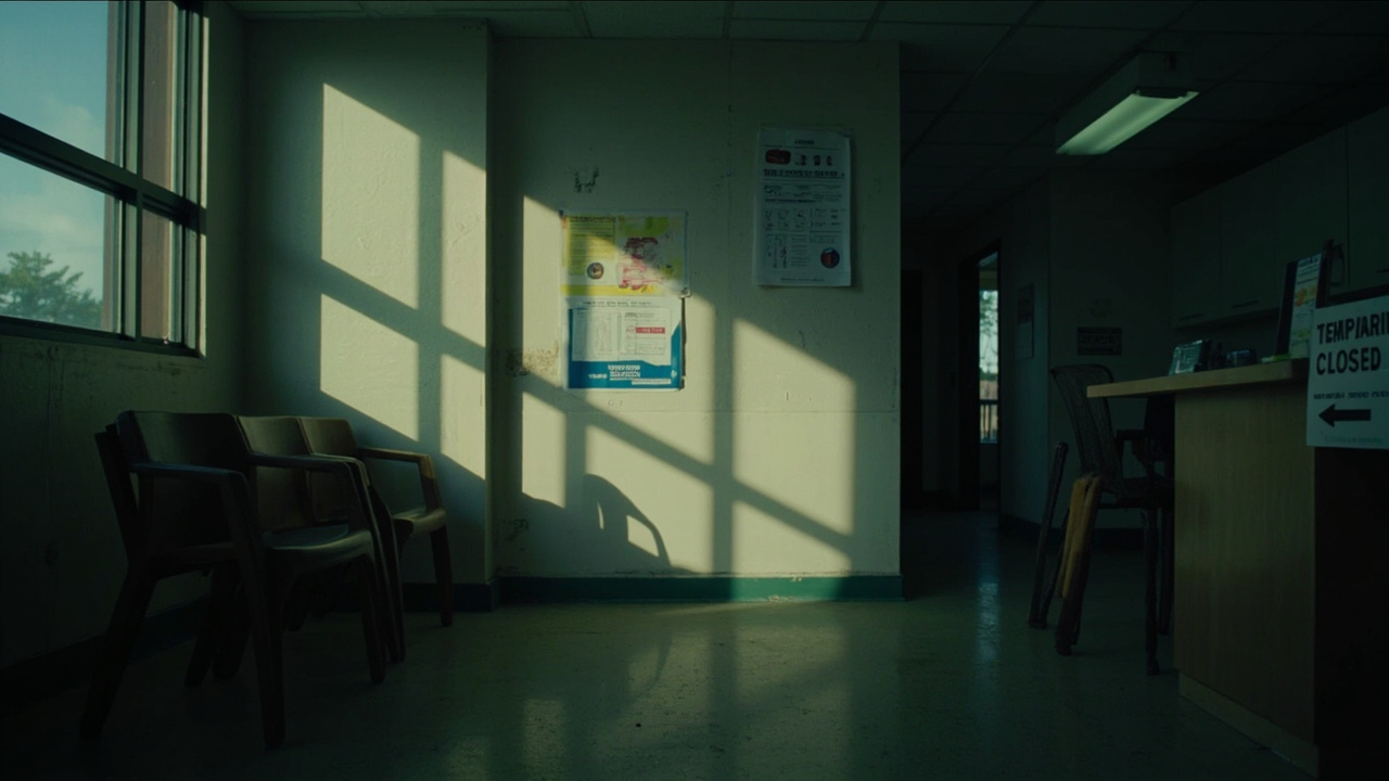 A closed pediatric vaccination clinic with a sign reading 'Temporarily Closed' and empty chairs in the waiting room
