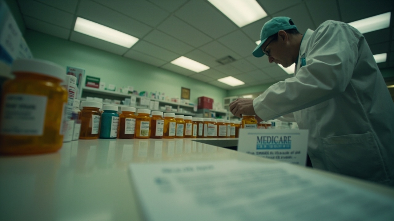 A pharmacy counter with prescription medication bottles and a Medicare information pamphlet