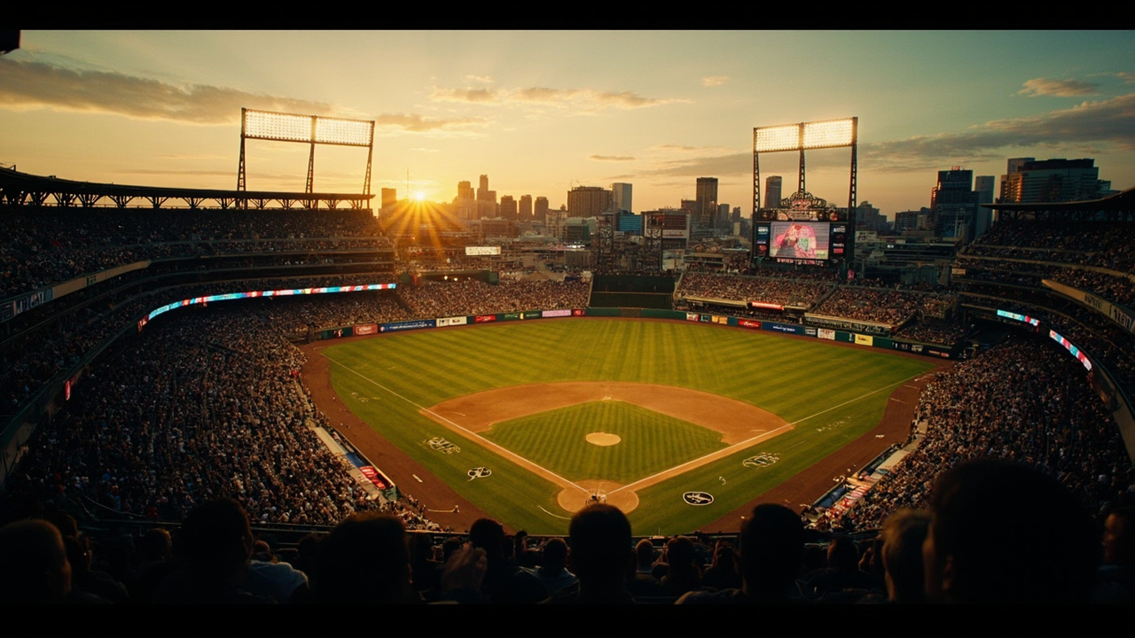 A wide aerial view of a baseball stadium at sunset with the field bathed in golden light and fans filling the stands