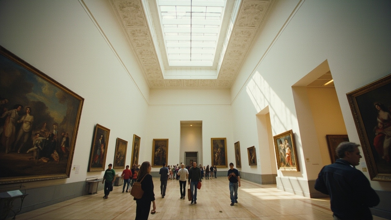 The grand entrance hall of a museum with visitors walking past large American paintings