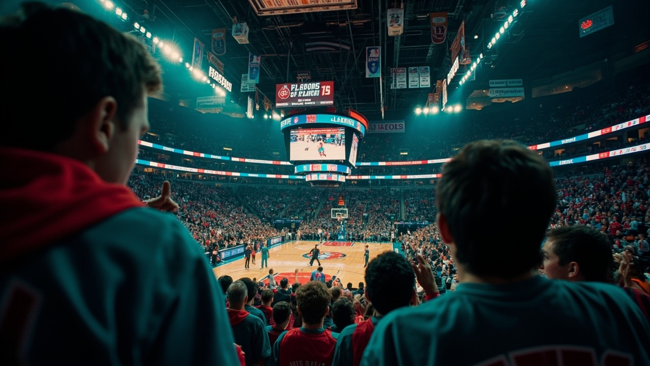 The Pistons' home court at Little Caesars Arena filled with fans in teal and red, playoff banners hanging from the rafters