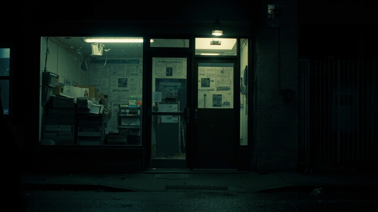 A dimly lit newspaper office entrance with a locked glass door and scattered papers visible through the window