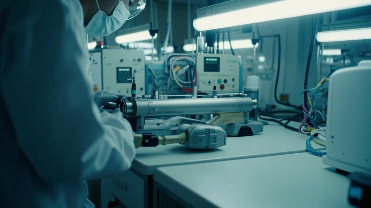 A compact cylindrical device with metallic casing sitting on a laboratory workbench surrounded by diagnostic instruments