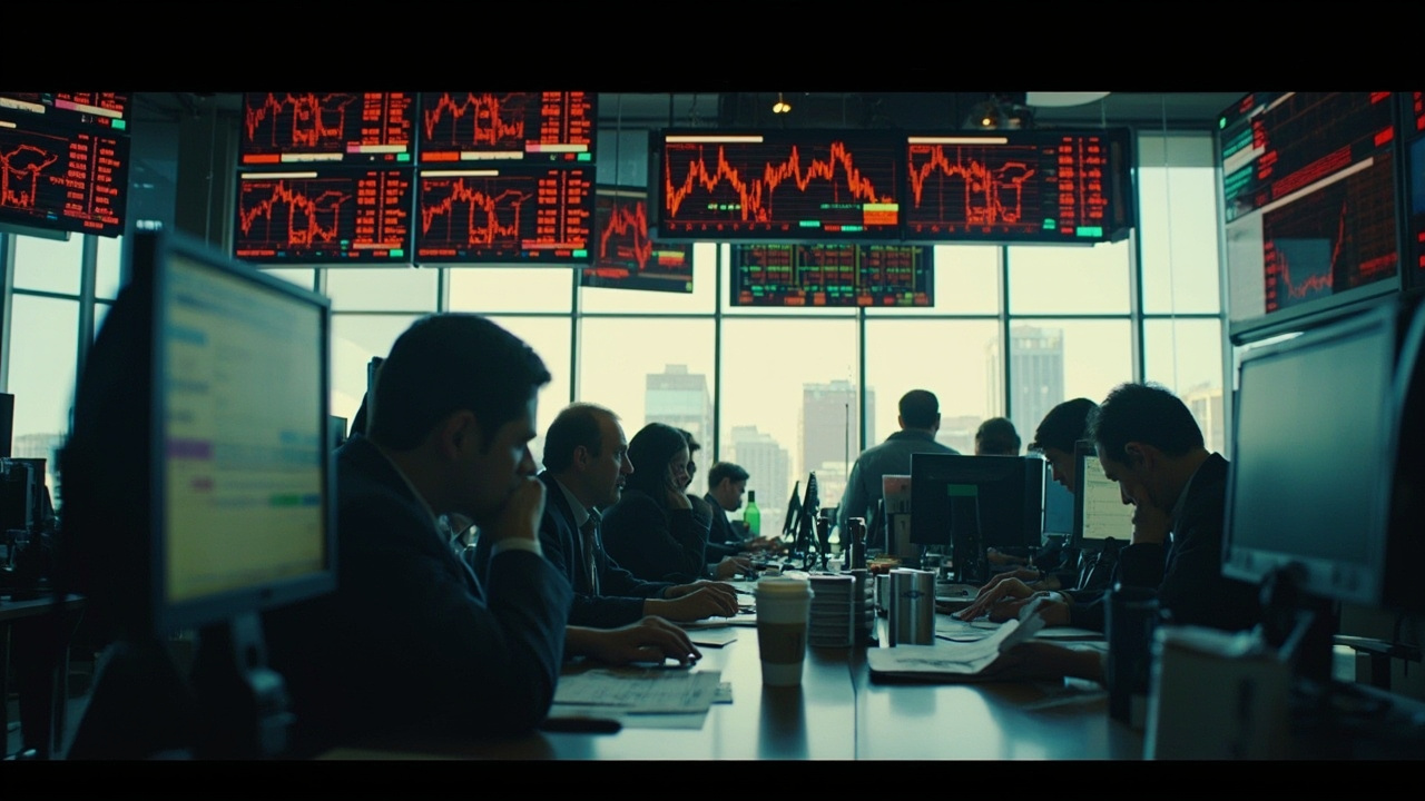 An oil trading floor with screens showing declining prices in red against a backdrop of tanker imagery