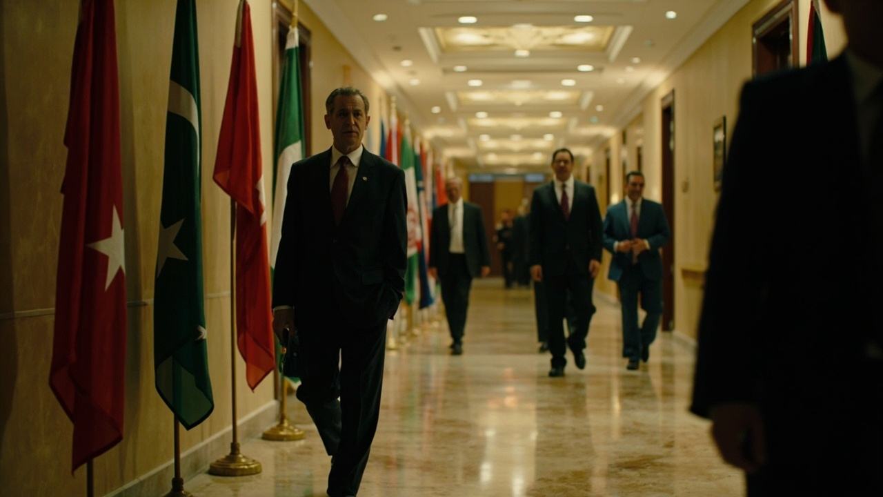 Pakistani diplomatic officials walking through a hotel corridor with flags of multiple nations