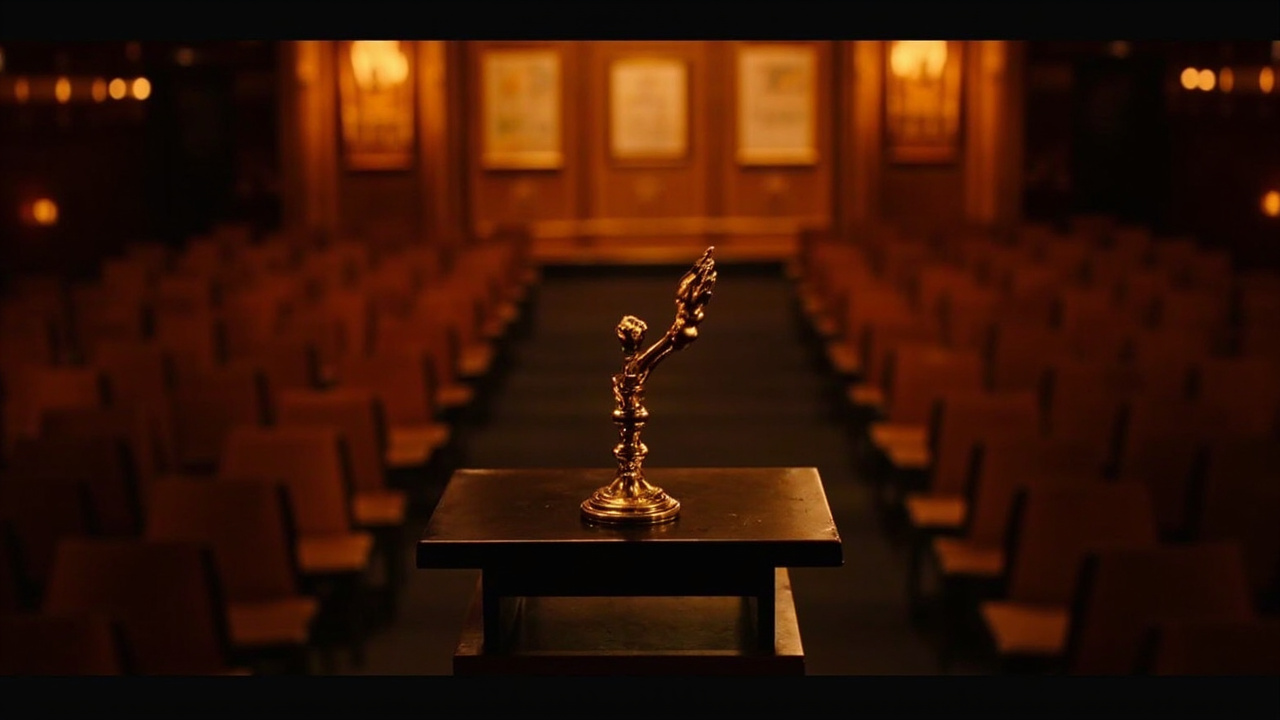 An elegant awards ceremony stage with a podium and warm lighting in a New York City venue