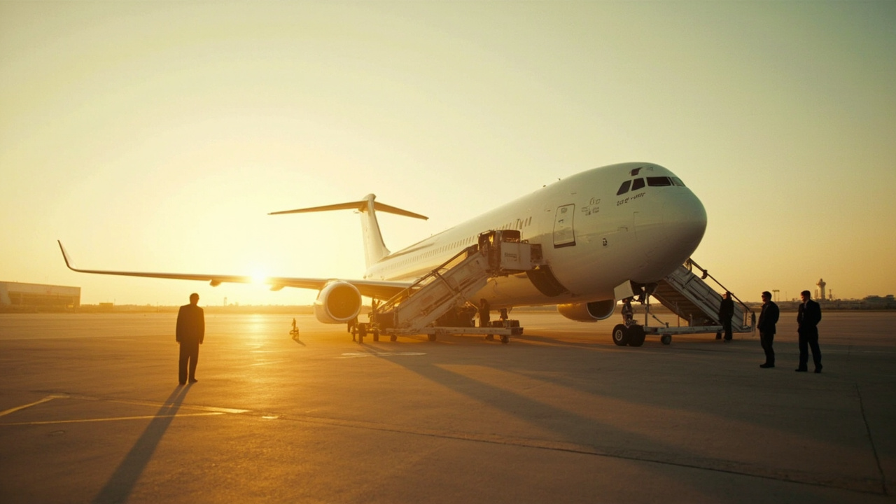 A papal aircraft on a runway at dawn with ground crew and Vatican officials standing near the boarding stairs