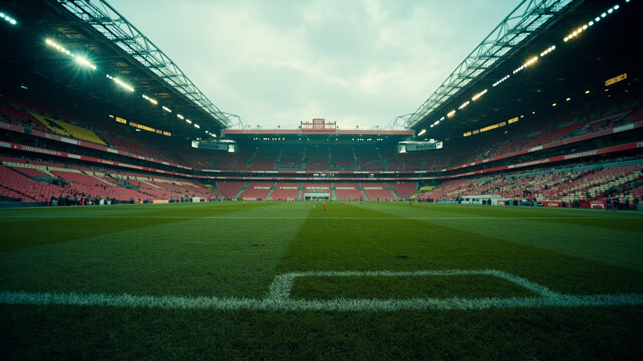An empty Emirates Stadium pitch after a match, with dejected Arsenal fans lingering in the stands