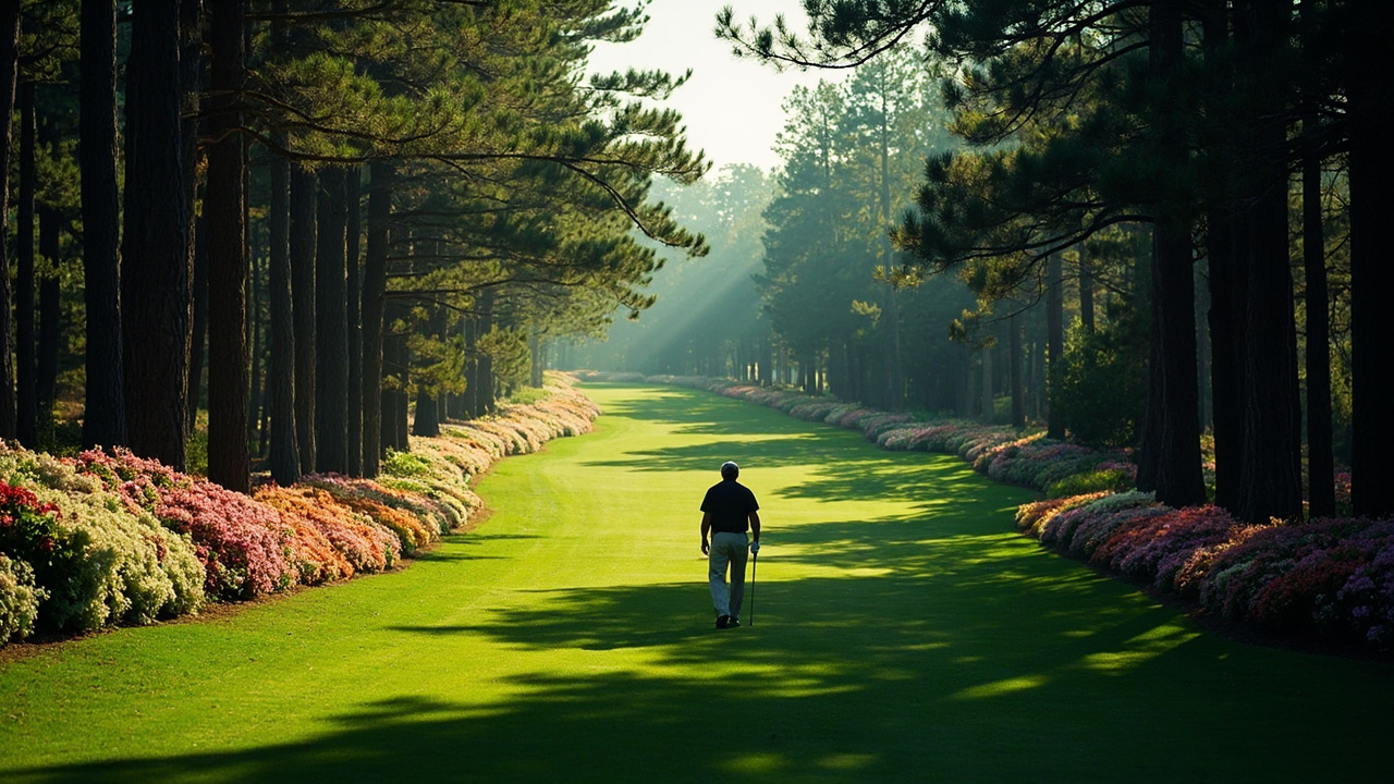 A golfer walking alone down a fairway at Augusta National with towering pine trees and azaleas in bloom on both sides
