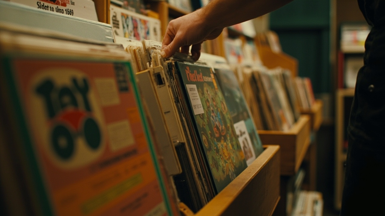 Rows of colorful vinyl records in crates at an independent record store with warm overhead lighting