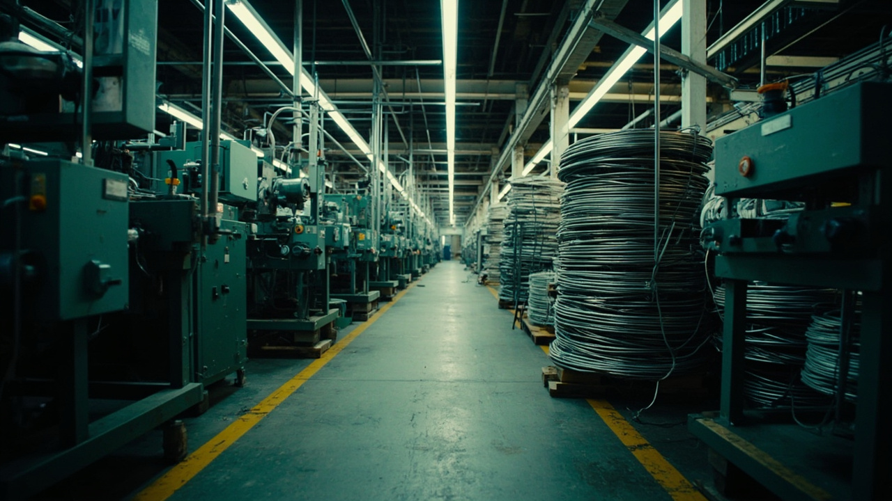 An industrial factory floor with spring coil manufacturing equipment and stacks of mattress components