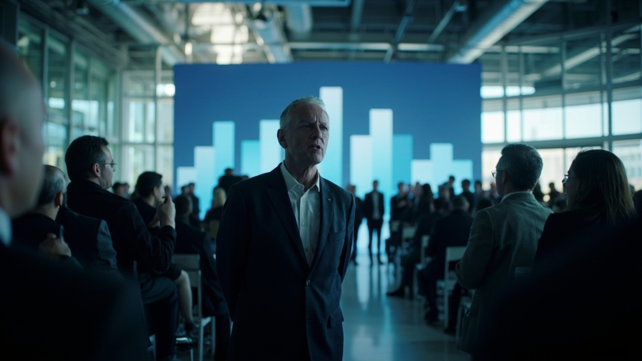 A venture capital conference hall with investors and founders milling around under a large digital display showing funding statistics