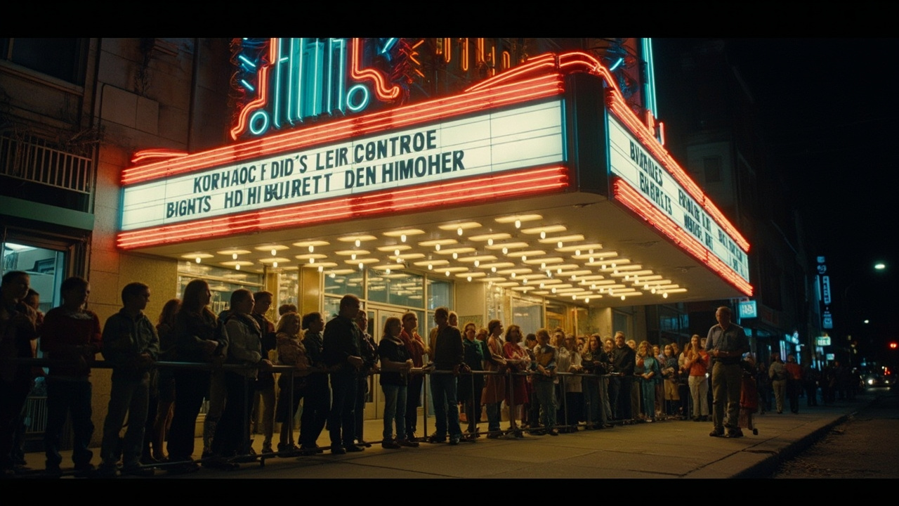 An illuminated movie theater marquee at night with a long line of families waiting outside