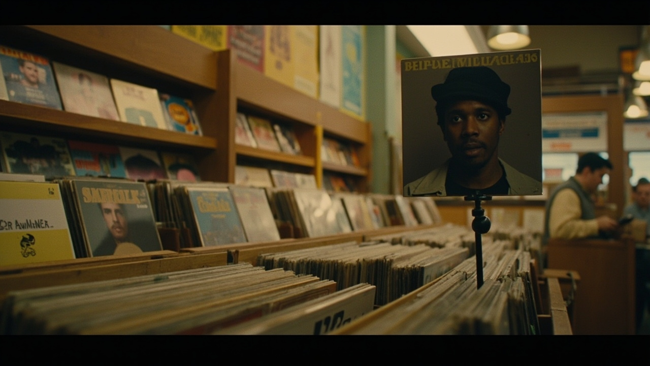 A record store display featuring vinyl albums with a prominent new release in the center