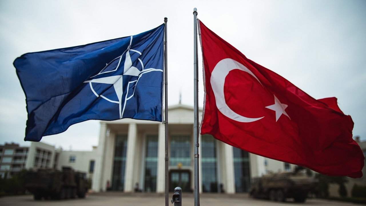 A NATO flag flying alongside the Turkish flag outside a government building in Ankara