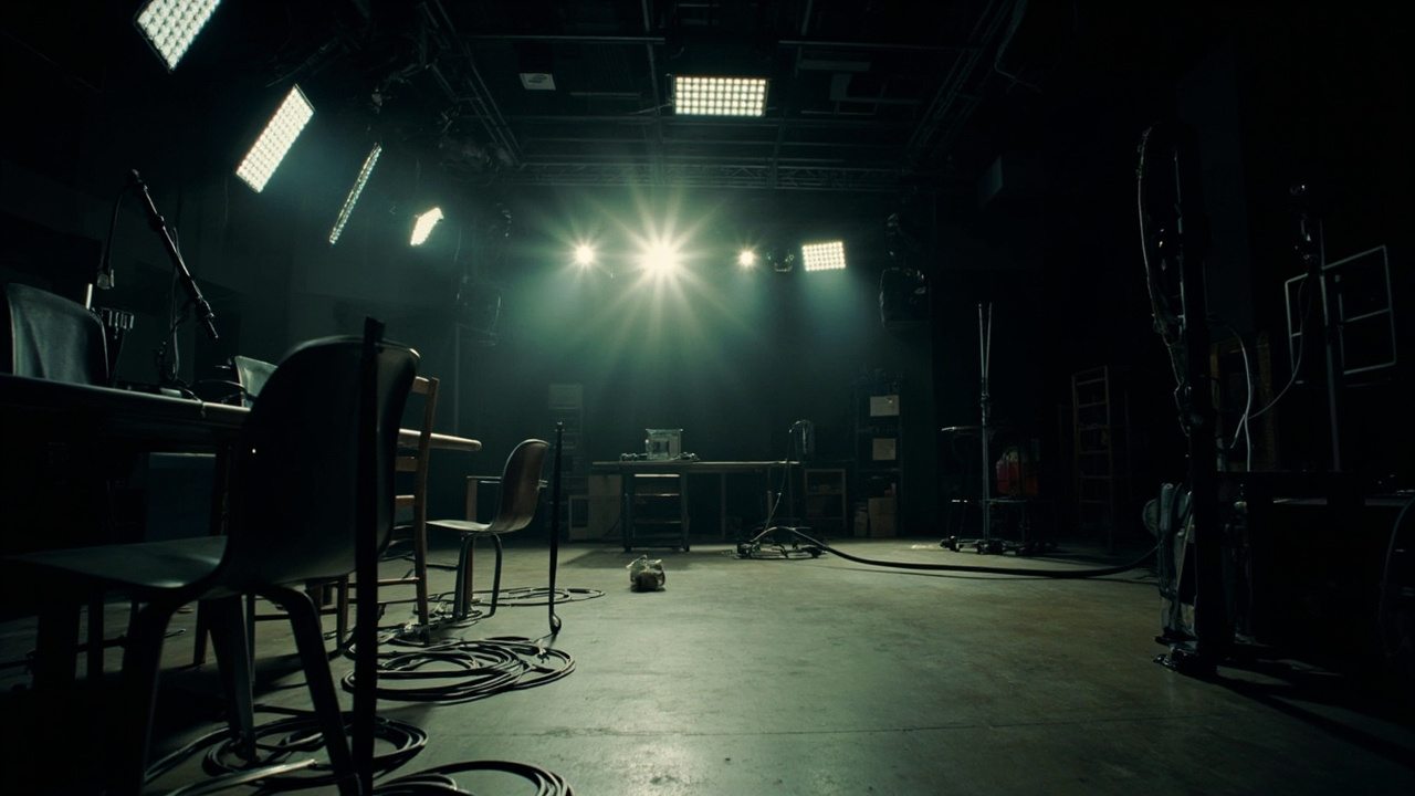 An empty television studio set with lights still on but no crew or cast present