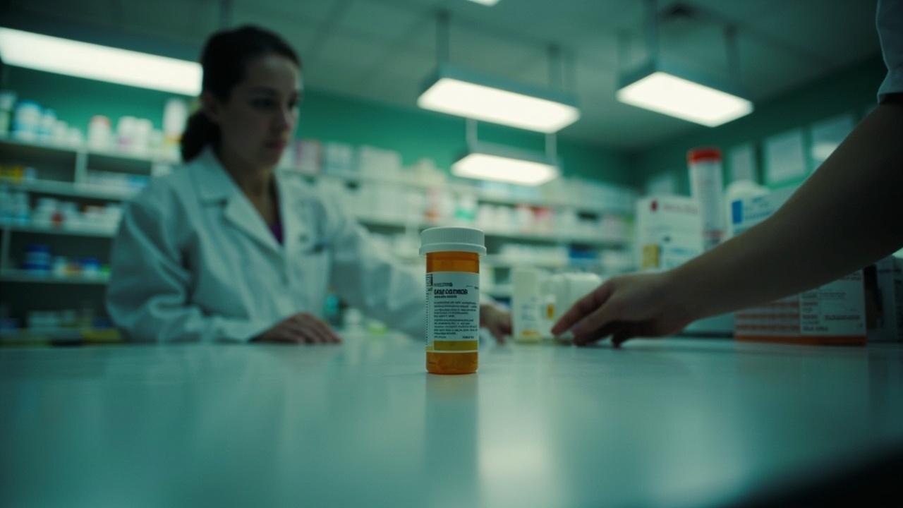 A pharmacy counter with a Wegovy pill bottle in the foreground and a blurred price display behind it, clinical lighting