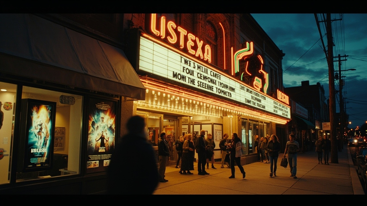 A movie theater marquee at dusk with warm lighting and moviegoers lined up along the sidewalk