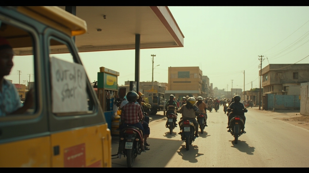 A fuel station in Lagos with a long queue of vehicles and a hand-painted out-of-stock sign