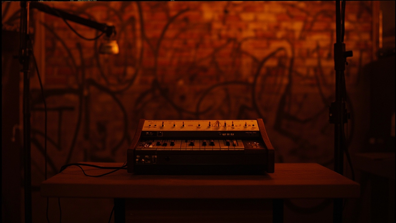 A TR-808 drum machine on a table in a dim South Bronx recording studio, graffiti visible on wall behind