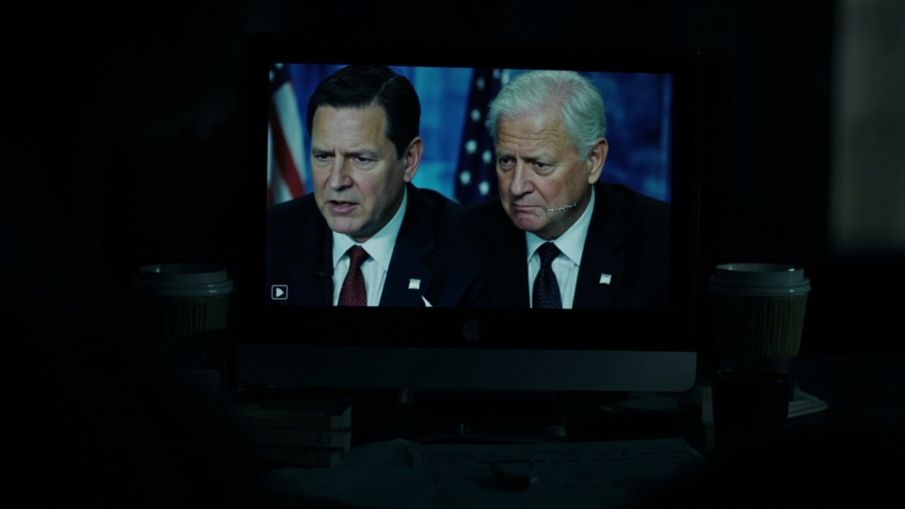 A split-screen digital display showing a real face alongside an AI-generated version with subtle but visible distortions
