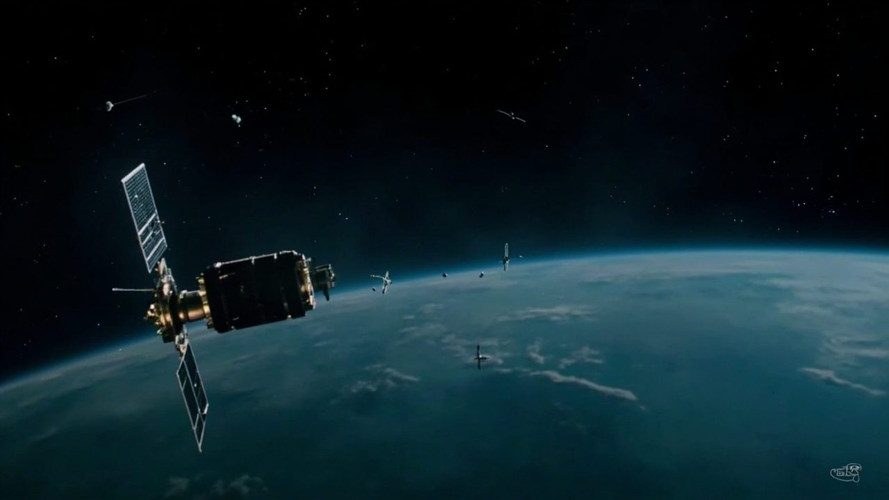 Low Earth orbit satellites against a dark sky, Earth's curvature visible below