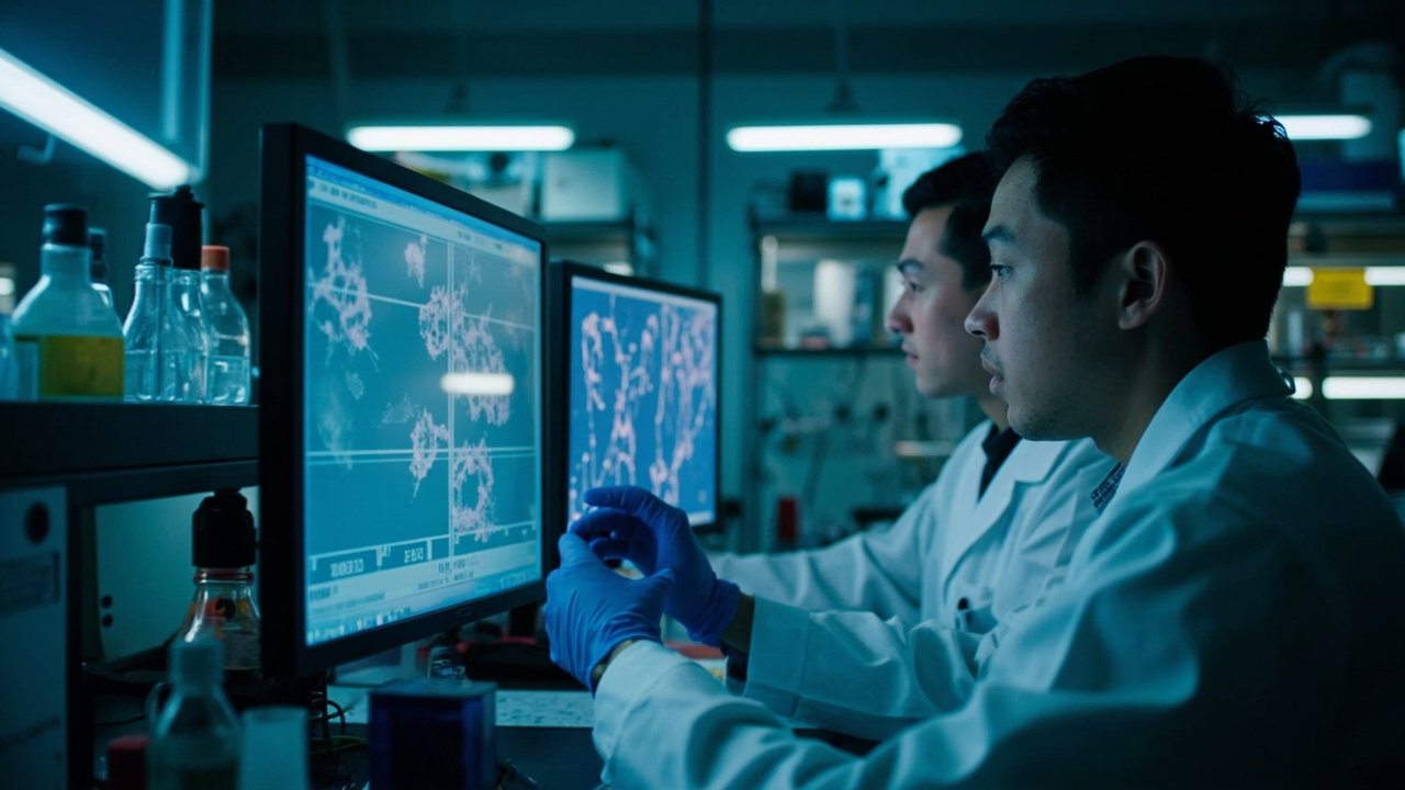 Scientists working in a biotechnology laboratory with computer screens showing molecular structures