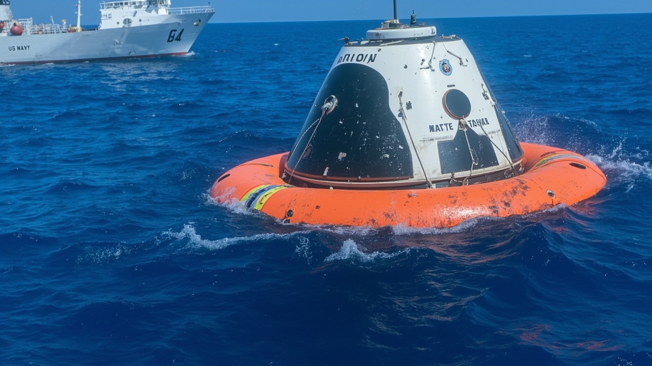 The Orion capsule floating in the Pacific Ocean after splashdown, with a US Navy recovery ship alongside