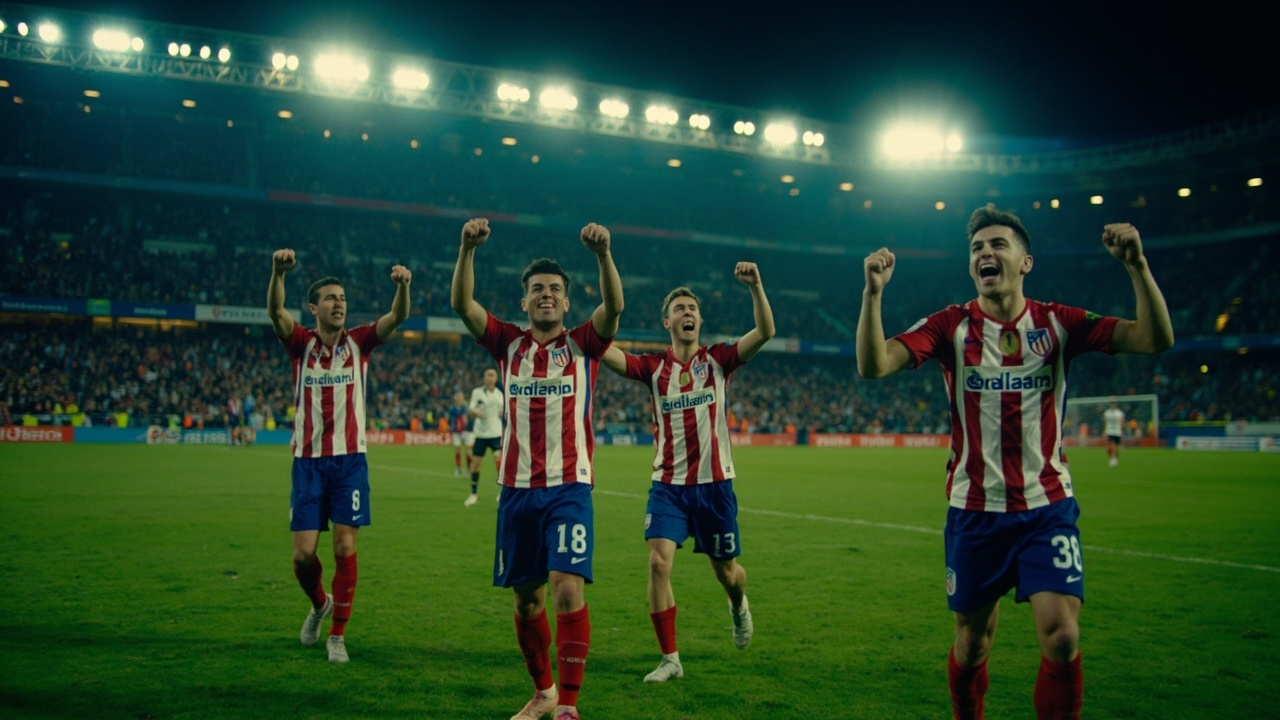 Atletico Madrid players celebrating on the pitch at the Metropolitano stadium, red and white scarves raised