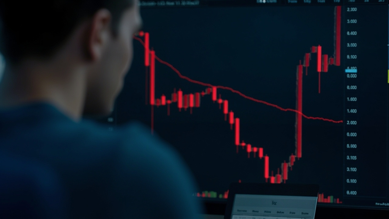 A trading terminal screen showing a Bitcoin price chart declining sharply, red candles visible