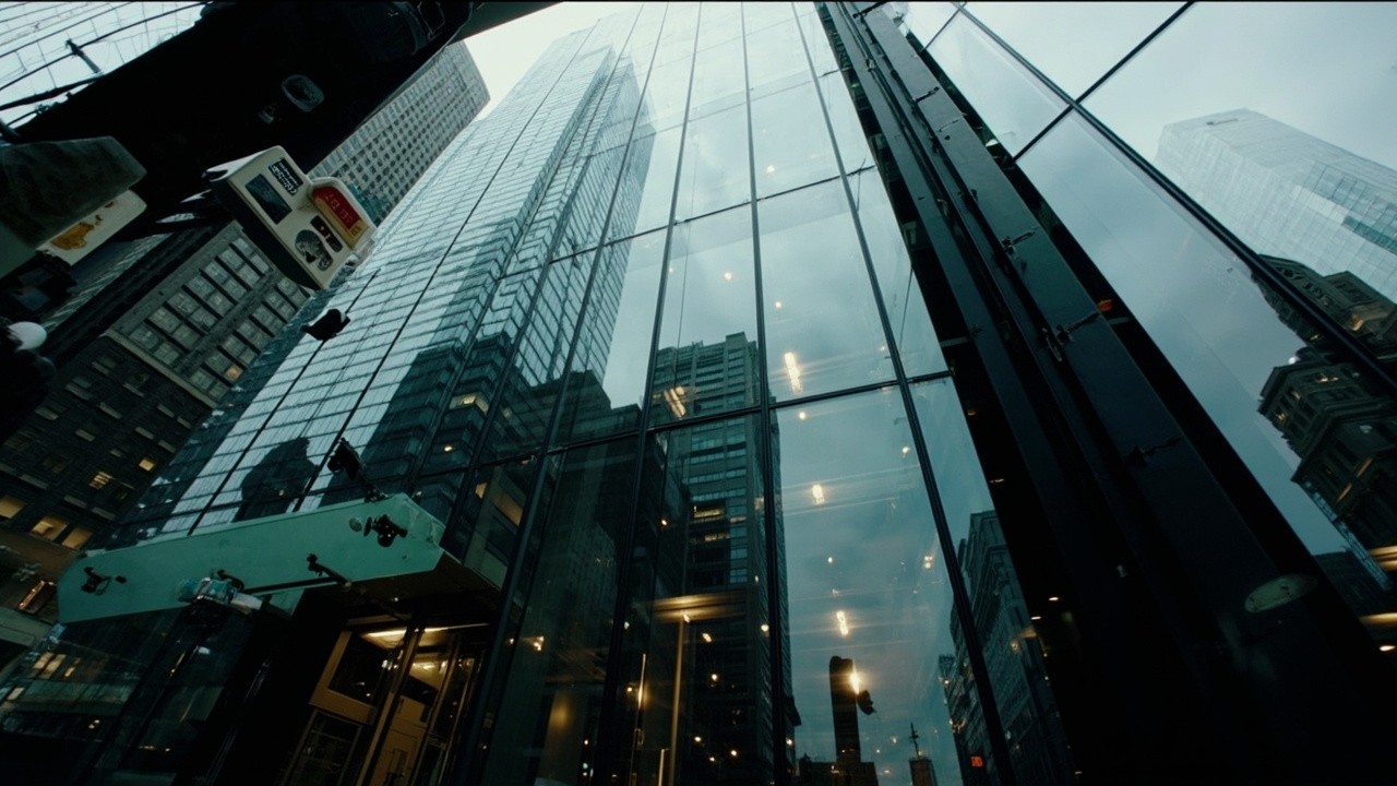 BlackRock headquarters in New York, glass tower with financial district backdrop, suited professionals in lobby
