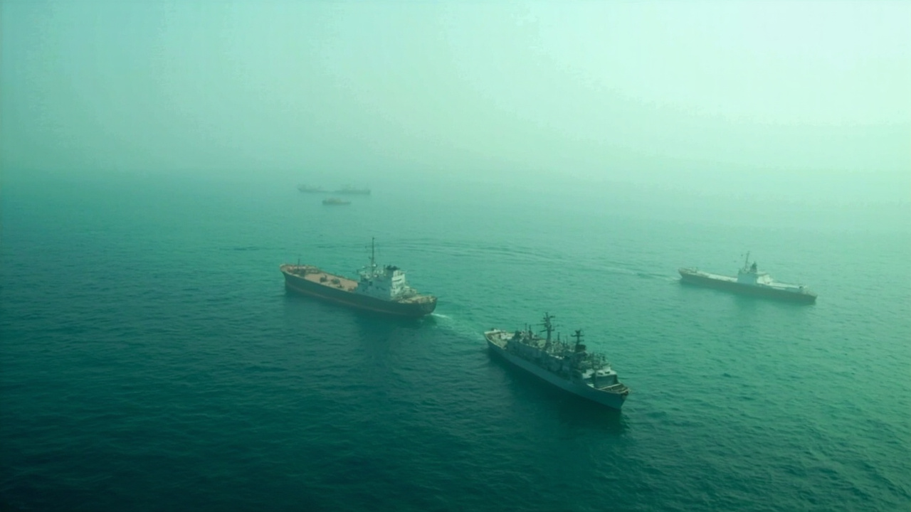 Aerial view of commercial tankers transiting the Strait of Hormuz with US naval vessels in background