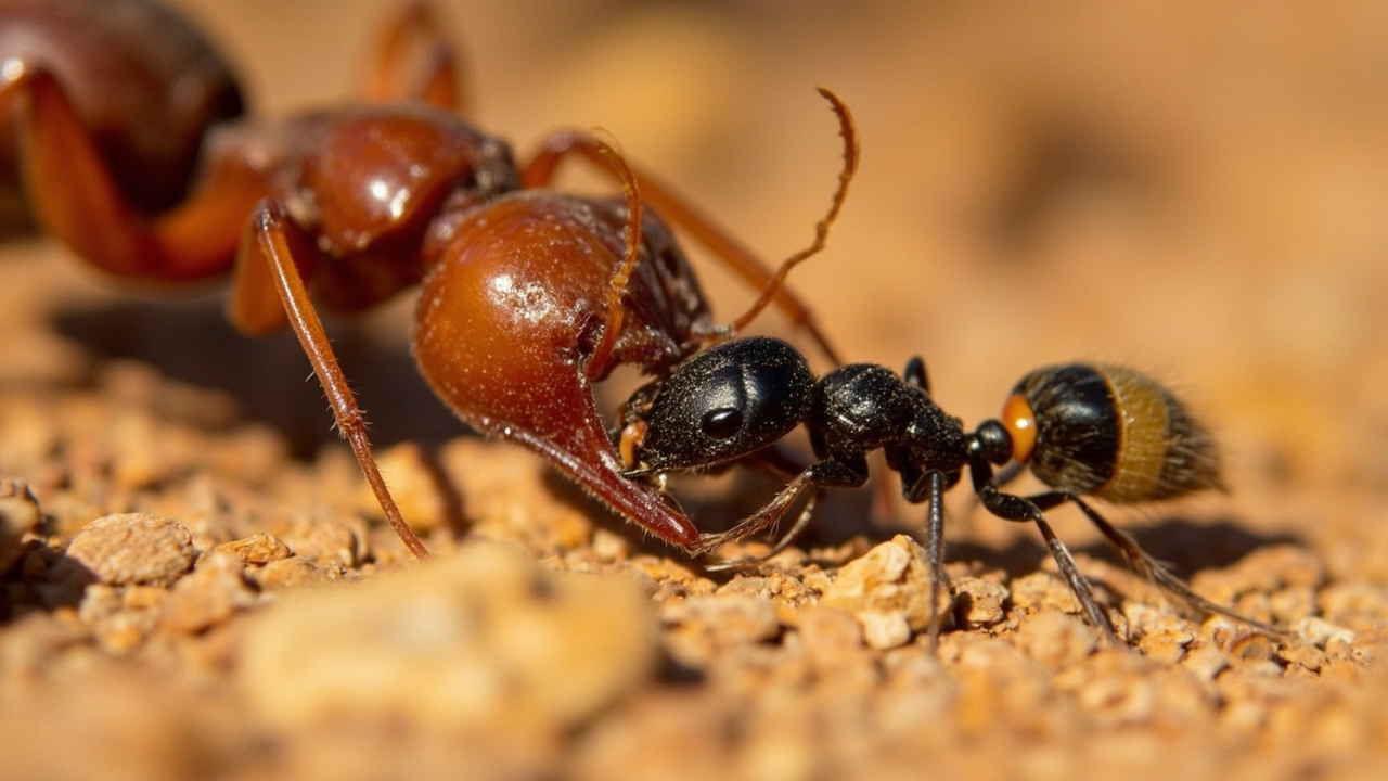 Close-up macro photograph of small ant grooming the head of a much larger harvester ant in desert sand