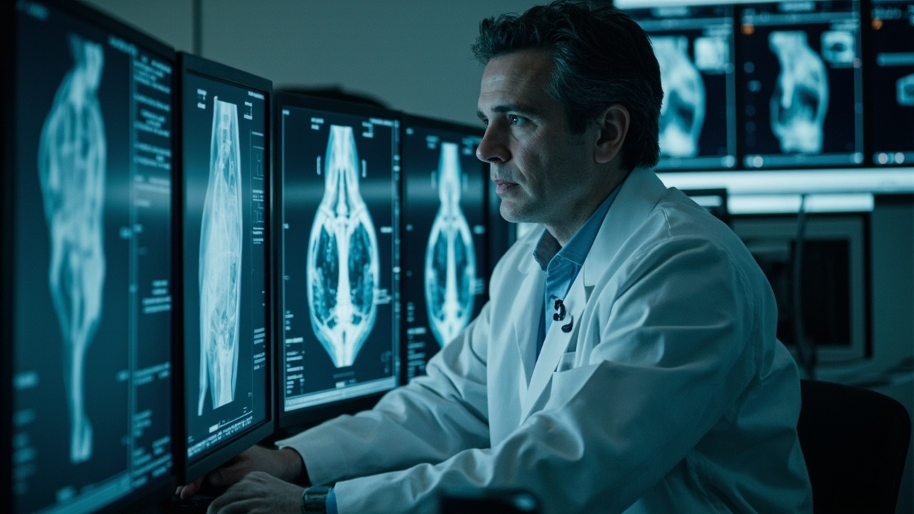 Researcher examining 3D anatomical scan data on computer screens in a medical imaging laboratory