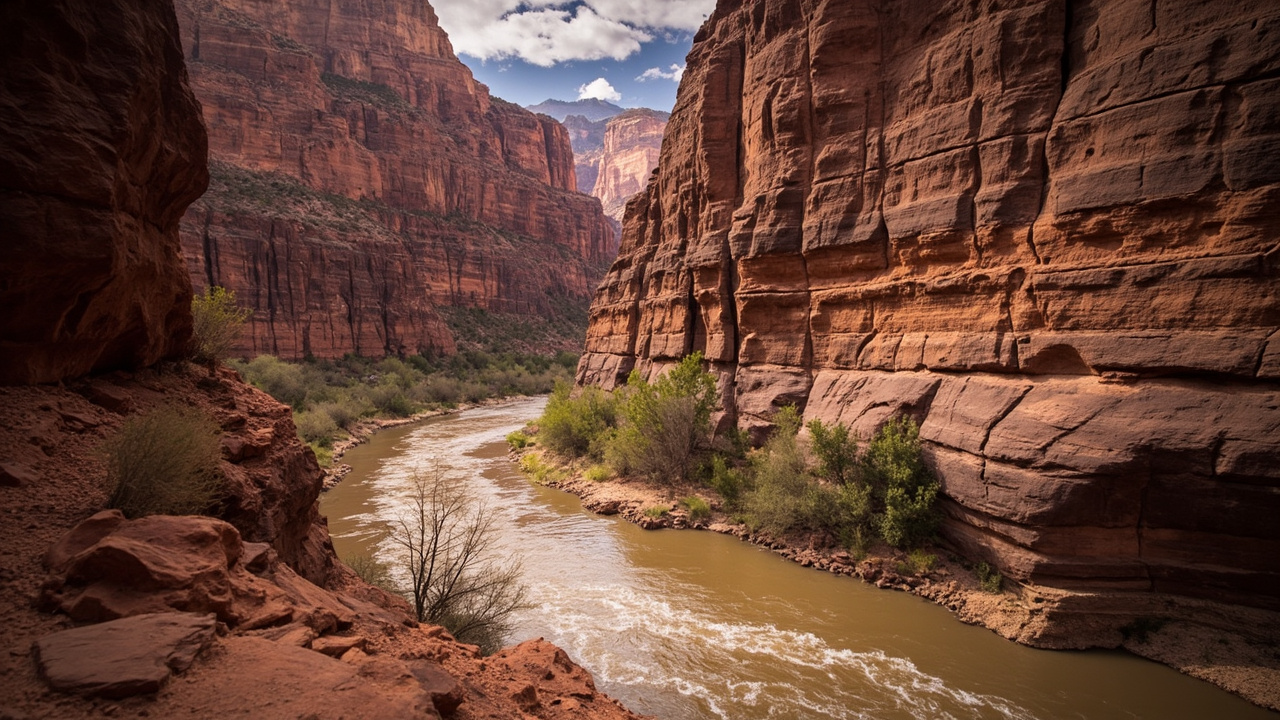 The Colorado River running low through red rock canyon walls in early spring, sparse vegetation on banks
