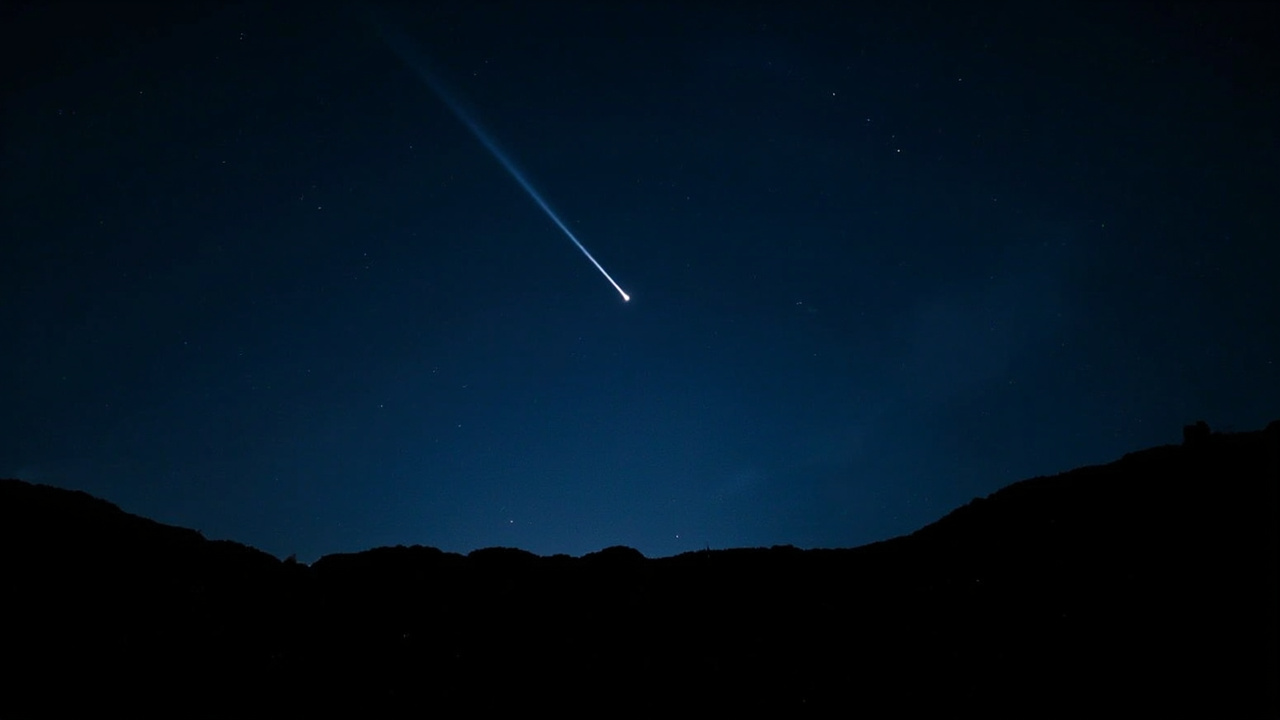 A bright comet with a visible tail low on the pre-dawn horizon above a dark landscape