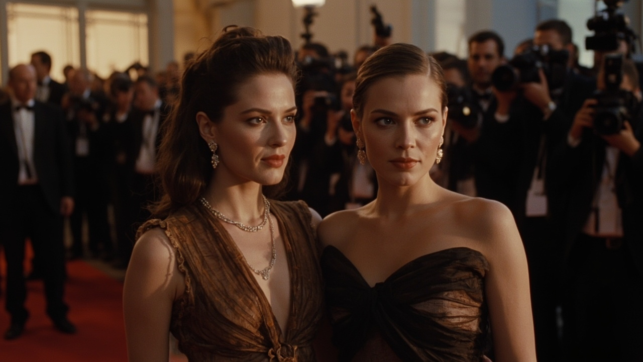 Two women in elegant fashion press tour outfits posed on a red carpet before a film backdrop