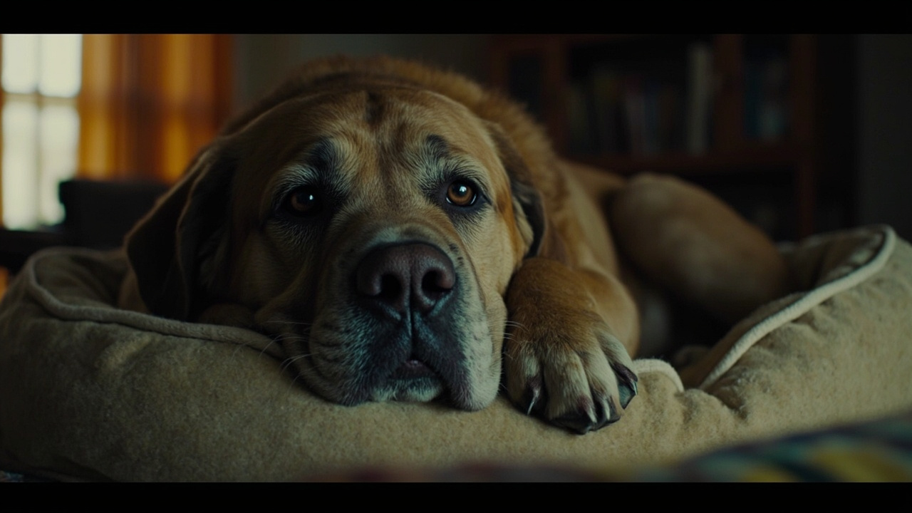 An elderly dog resting comfortably on a dog bed, gray muzzle, calm expression