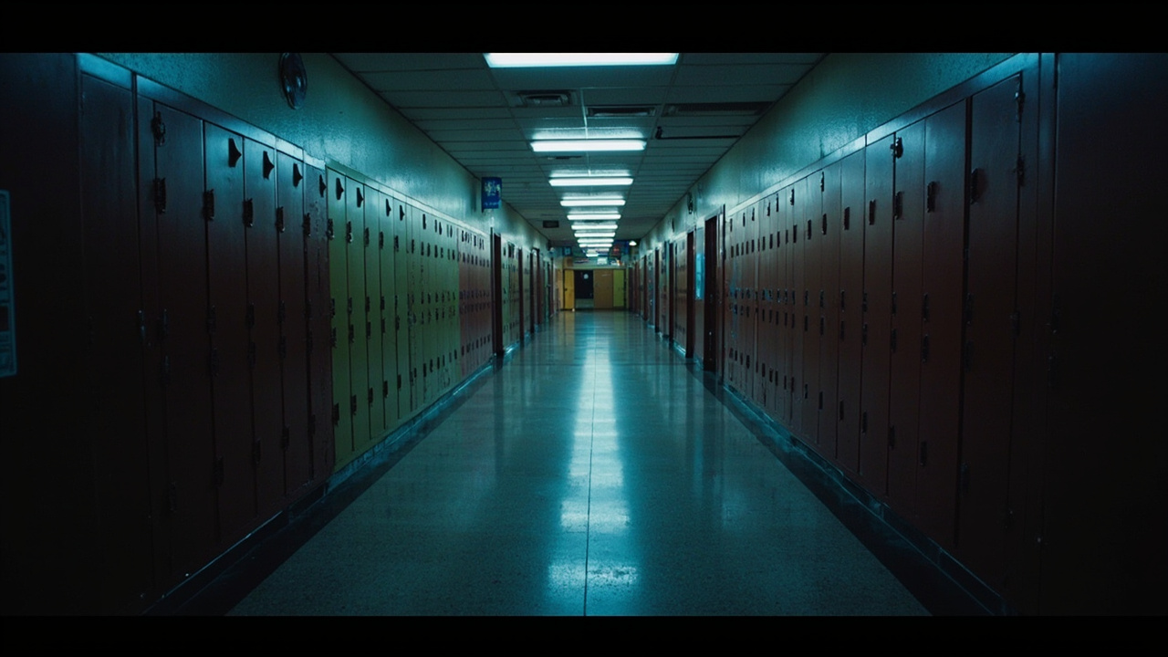 Neon-lit high school hallway set design from Euphoria with empty lockers and dramatic lighting