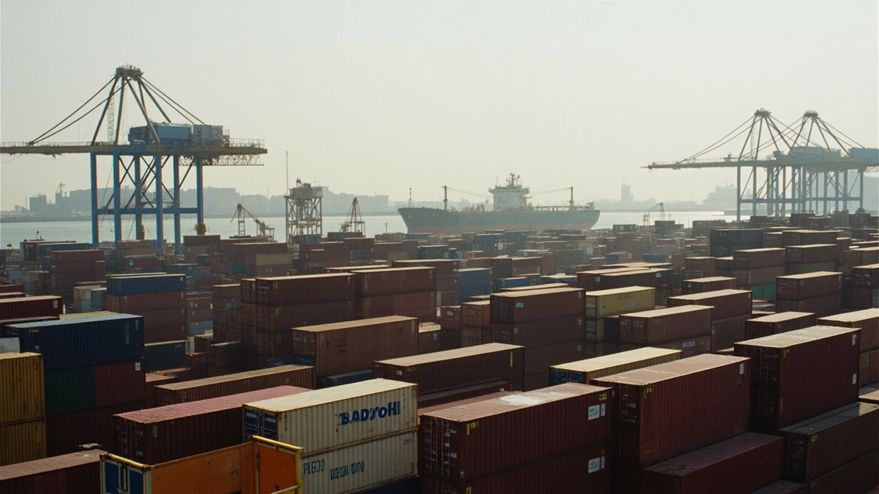 Cargo containers stacked at a port, cranes idle, with a tanker vessel in the background