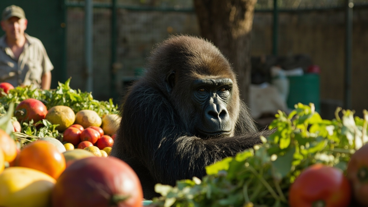 Fatou the gorilla sitting in her enclosure at Berlin Zoo surrounded by vegetables and fruit for her birthday