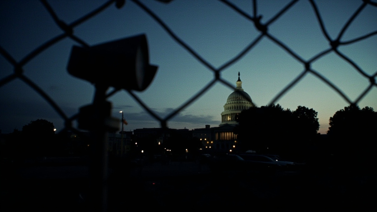 Capitol building at dusk, shadow of surveillance camera visible in foreground